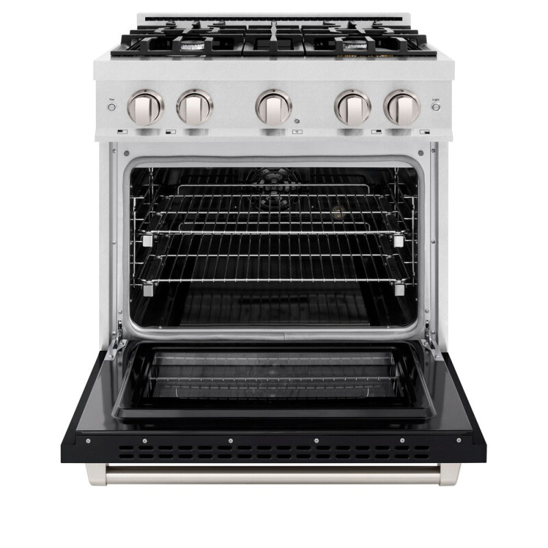 ZLINE 30 in. 4.2 cu. ft. Select Dual Fuel Range with 4 Burner Gas Cooktop and Electric Convection Oven in DuraSnow® Stainless Steel with Black Matte Door (HDRS-BLM-30) HDRSBLM30, product image 6 of 11