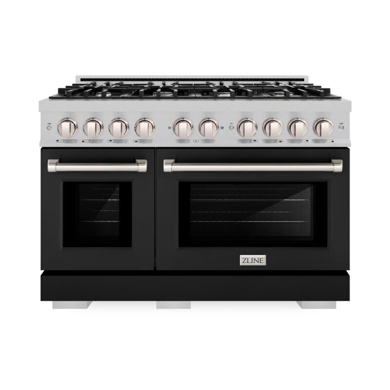 ZLINE 48 in. 6.7 cu. ft. Select Double Oven Dual Fuel Range with 8 Burner Gas Cooktop in DuraSnow® Stainless Steel with Black Matte Doors (HDRS-BLM-48) HDRSBLM48, product image 3 of 12