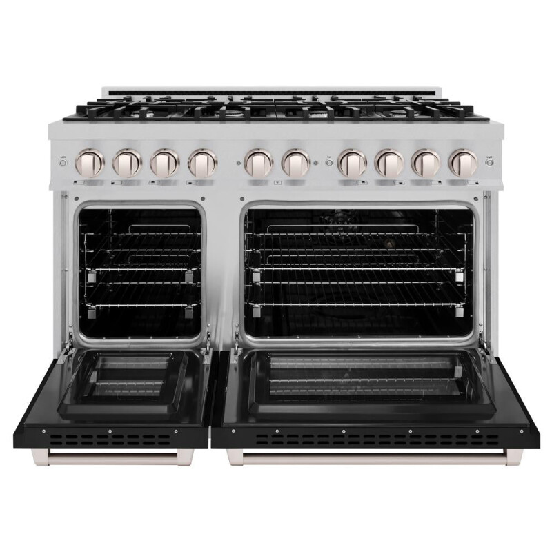 ZLINE 48 in. 6.7 cu. ft. Select Double Oven Dual Fuel Range with 8 Burner Gas Cooktop in DuraSnow® Stainless Steel with Black Matte Doors (HDRS-BLM-48) HDRSBLM48, product image 4 of 12