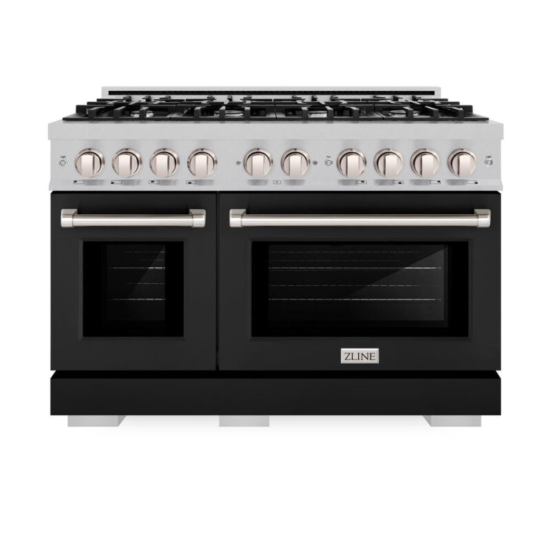 ZLINE 48 in. 6.7 cu. ft. Select Double Oven Dual Fuel Range with 8 Burner Gas Cooktop in DuraSnow® Stainless Steel with Black Matte Doors (HDRS-BLM-48) HDRSBLM48, product image 5 of 12