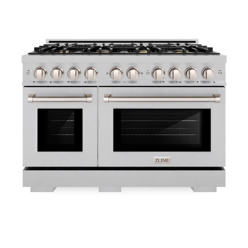 ZLINE 48 in. 6.7 cu. ft. Select Double Oven Dual Fuel Range in DuraSnow® Stainless Steel with 8 Brass Burners (HDRS-BR-48) HDRSBR48, product image 4 of 11