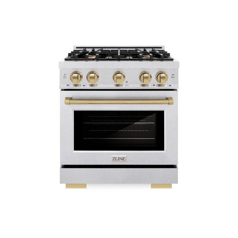 ZLINE Autograph Edition 30 in. 4.2 cu. ft. Select Dual Fuel Range with 4 Burner Gas Cooktop and Electric Convection Oven in DuraSnow® Stainless Steel with Champagne Bronze Accents (HDRSZ-30-C HDRSZ30CB, product image 2 of 12