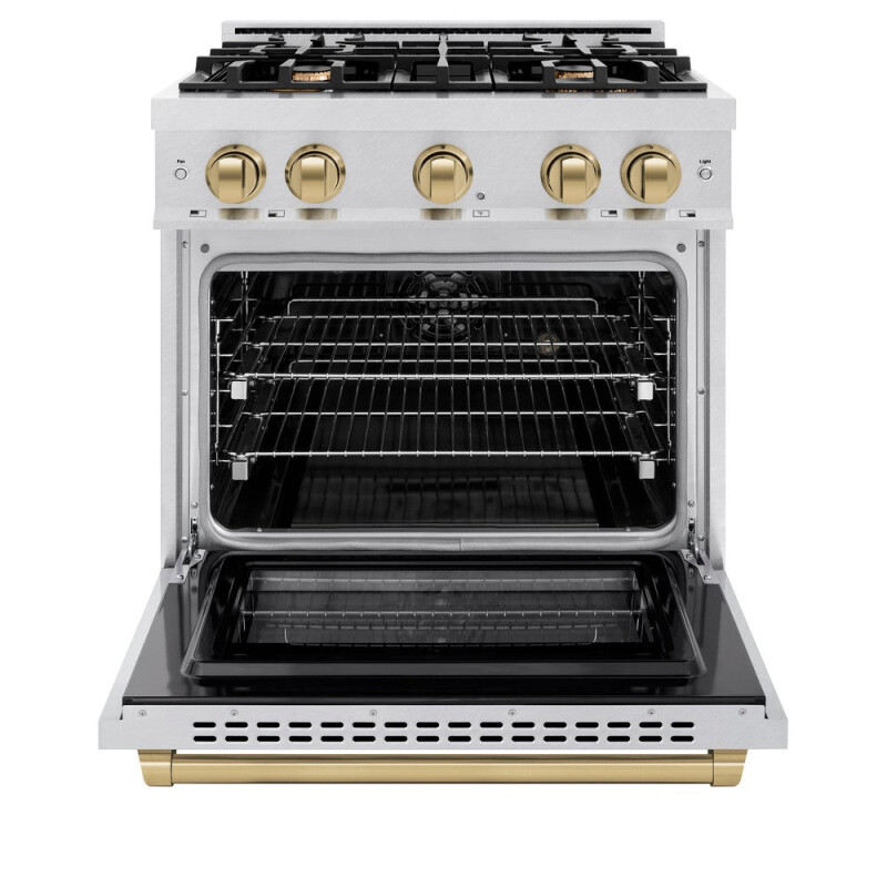 ZLINE Autograph Edition 30 in. 4.2 cu. ft. Select Dual Fuel Range with 4 Burner Gas Cooktop and Electric Convection Oven in DuraSnow® Stainless Steel with Champagne Bronze Accents (HDRSZ-30-C HDRSZ30CB, product image 4 of 12