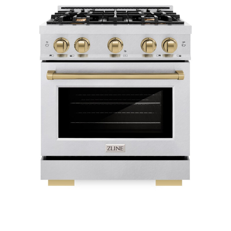 ZLINE Autograph Edition 30 in. 4.2 cu. ft. Select Dual Fuel Range with 4 Burner Gas Cooktop and Electric Convection Oven in DuraSnow® Stainless Steel with Champagne Bronze Accents (HDRSZ-30-C HDRSZ30CB, product image 5 of 12