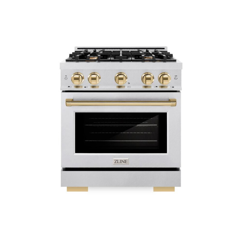 ZLINE Autograph Edition 30 in. 4.2 cu. ft. Select Dual Fuel Range with 4 Burner Gas Cooktop and Electric Convection Oven in DuraSnow® Stainless Steel with Polished Gold Accents (HDRSZ-30-G) HDRSZ30G, product image 2 of 12