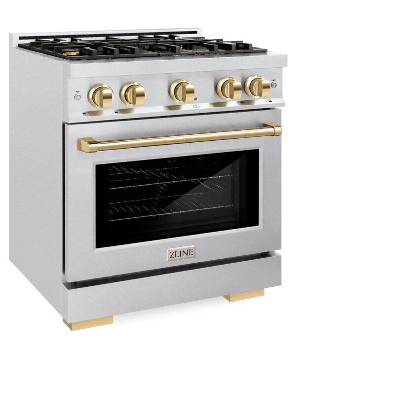 ZLINE Autograph Edition 30 in. 4.2 cu. ft. Select Dual Fuel Range with 4 Burner Gas Cooktop and Electric Convection Oven in DuraSnow® Stainless Steel with Polished Gold Accents (HDRSZ-30-G) HDRSZ30G, product image 3 of 12