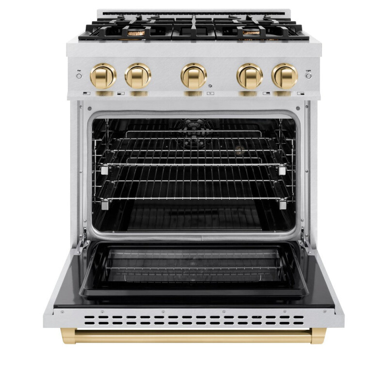 ZLINE Autograph Edition 30 in. 4.2 cu. ft. Select Dual Fuel Range with 4 Burner Gas Cooktop and Electric Convection Oven in DuraSnow® Stainless Steel with Polished Gold Accents (HDRSZ-30-G) HDRSZ30G, product image 4 of 12