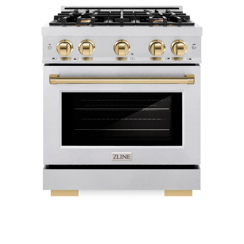 ZLINE Autograph Edition 30 in. 4.2 cu. ft. Select Dual Fuel Range with 4 Burner Gas Cooktop and Electric Convection Oven in DuraSnow® Stainless Steel with Polished Gold Accents (HDRSZ-30-G) HDRSZ30G, product image 5 of 12