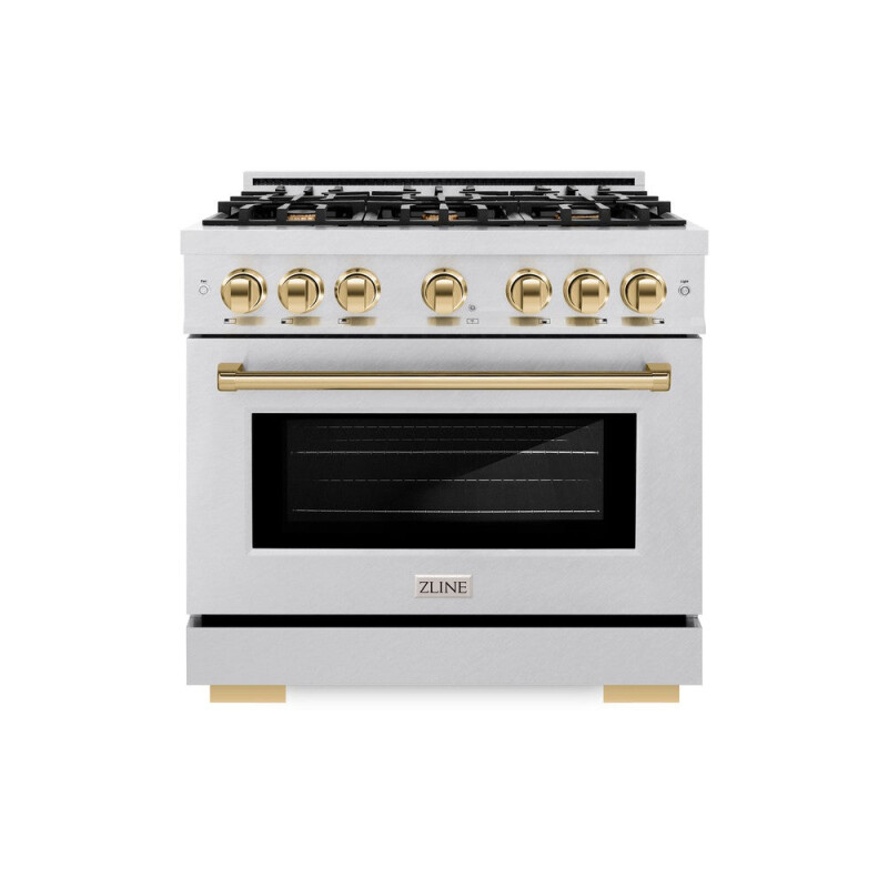 ZLINE Autograph Edition 36 in. 5.2 cu. ft. Select Dual Fuel Range with 6 Burner Gas Cooktop and Electric Convection Oven in DuraSnow® Stainless Steel with Polished Gold Accents (HDRSZ-36-G) HDRSZ36G