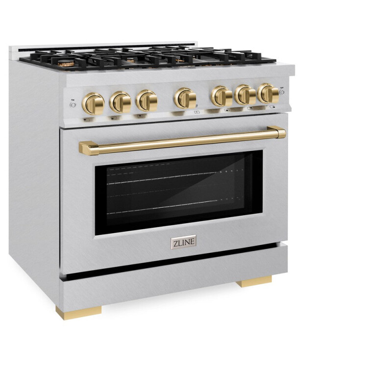 ZLINE Autograph Edition 36 in. 5.2 cu. ft. Select Dual Fuel Range with 6 Burner Gas Cooktop and Electric Convection Oven in DuraSnow® Stainless Steel with Polished Gold Accents (HDRSZ-36-G) HDRSZ36G