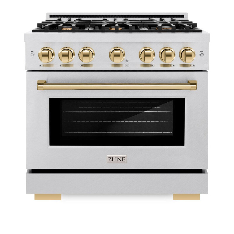 ZLINE Autograph Edition 36 in. 5.2 cu. ft. Select Dual Fuel Range with 6 Burner Gas Cooktop and Electric Convection Oven in DuraSnow® Stainless Steel with Polished Gold Accents (HDRSZ-36-G) HDRSZ36G