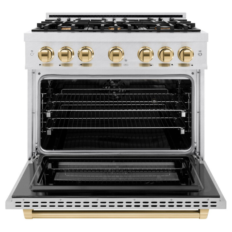 ZLINE Autograph Edition 36 in. 5.2 cu. ft. Select Dual Fuel Range with 6 Burner Gas Cooktop and Electric Convection Oven in DuraSnow® Stainless Steel with Polished Gold Accents (HDRSZ-36-G) HDRSZ36G