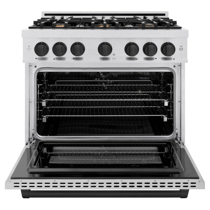 ZLINE Autograph Edition 36 in. 5.2 cu. ft. Select Dual Fuel Range with 6 Burner Gas Cooktop and Electric Convection Oven in DuraSnow® Stainless Steel with Matte Black Accents (HDRSZ-36-MB) HDRSZ36MB, product image 4 of 13
