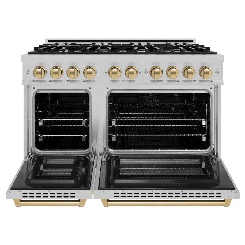 ZLINE Autograph Edition 48 in. 6.7 cu. ft. Select Double Oven Dual Fuel Range with 8 Burner Gas Cooktop in DuraSnow® Stainless Steel and Champagne Bronze Accents (HDRSZ-48-CB) HDRSZ48CB, product image 5 of 13