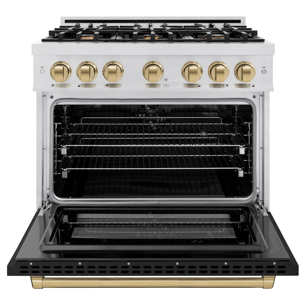 ZLINE Autograph Edition 36 in. 5.2 cu. ft. Select Dual Fuel Range with 6 Burner Gas Cooktop and Electric Convection Oven in DuraSnow® Stainless Steel with Black Matte Door and Champagne Bronz HDRSZBLM36CB, product image 5 of 13
