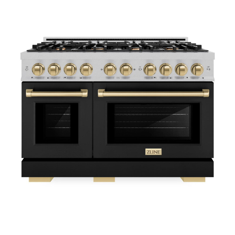 ZLINE Autograph Edition 48 in. 6.7 cu. ft. Select Double Oven Dual Fuel Range with 8 Burner Gas Cooktop in DuraSnow® Stainless Steel with Black Matte Doors and Champagne Bronze Accents (HDRSZ HDRSZBLM48CB, product image 2 of 13