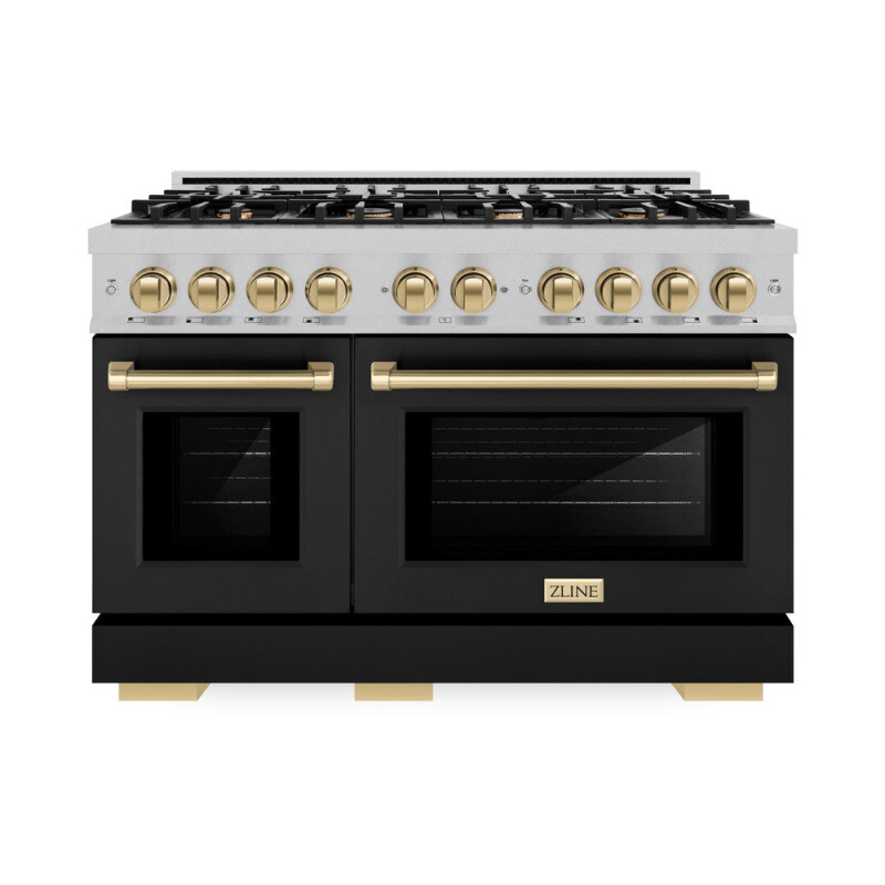 ZLINE Autograph Edition 48 in. 6.7 cu. ft. Select Double Oven Dual Fuel Range with 8 Burner Gas Cooktop in DuraSnow® Stainless Steel with Black Matte Doors and Champagne Bronze Accents (HDRSZ HDRSZBLM48CB, product image 4 of 13