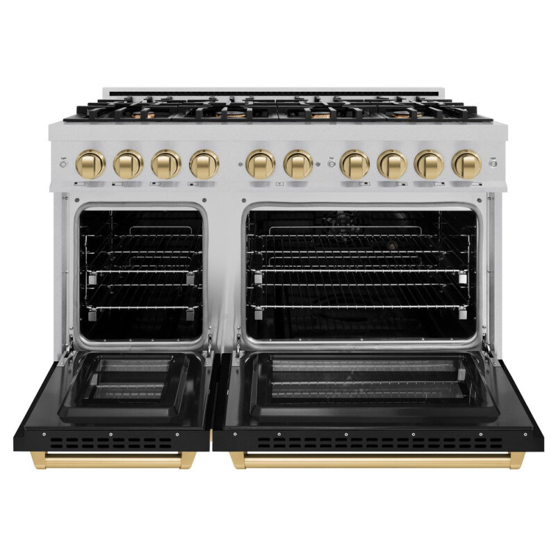 ZLINE Autograph Edition 48 in. 6.7 cu. ft. Select Double Oven Dual Fuel Range with 8 Burner Gas Cooktop in DuraSnow® Stainless Steel with Black Matte Doors and Champagne Bronze Accents (HDRSZ HDRSZBLM48CB, product image 5 of 13
