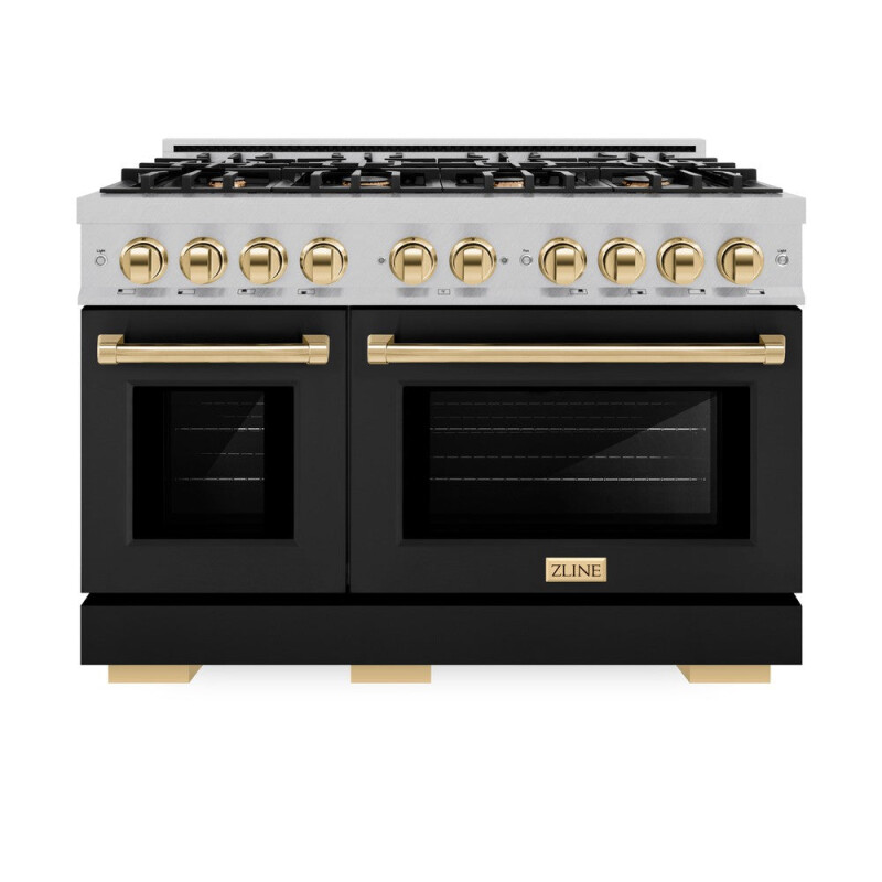 ZLINE Autograph Edition 48 in. 6.7 cu. ft. Select Double Oven Dual Fuel Range with 8 Burner Gas Cooktop in DuraSnow® Stainless Steel with Black Matte Doors and Polished Gold Accents (HDRSZ-BL HDRSZBLM48G, product image 2 of 13