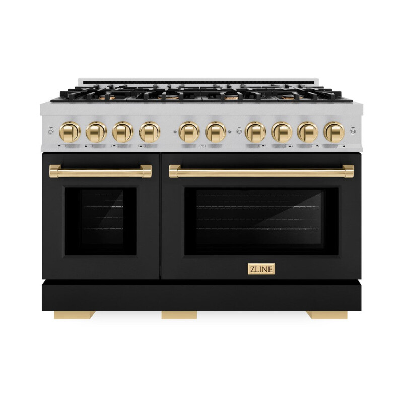 ZLINE Autograph Edition 48 in. 6.7 cu. ft. Select Double Oven Dual Fuel Range with 8 Burner Gas Cooktop in DuraSnow® Stainless Steel with Black Matte Doors and Polished Gold Accents (HDRSZ-BL HDRSZBLM48G, product image 4 of 13