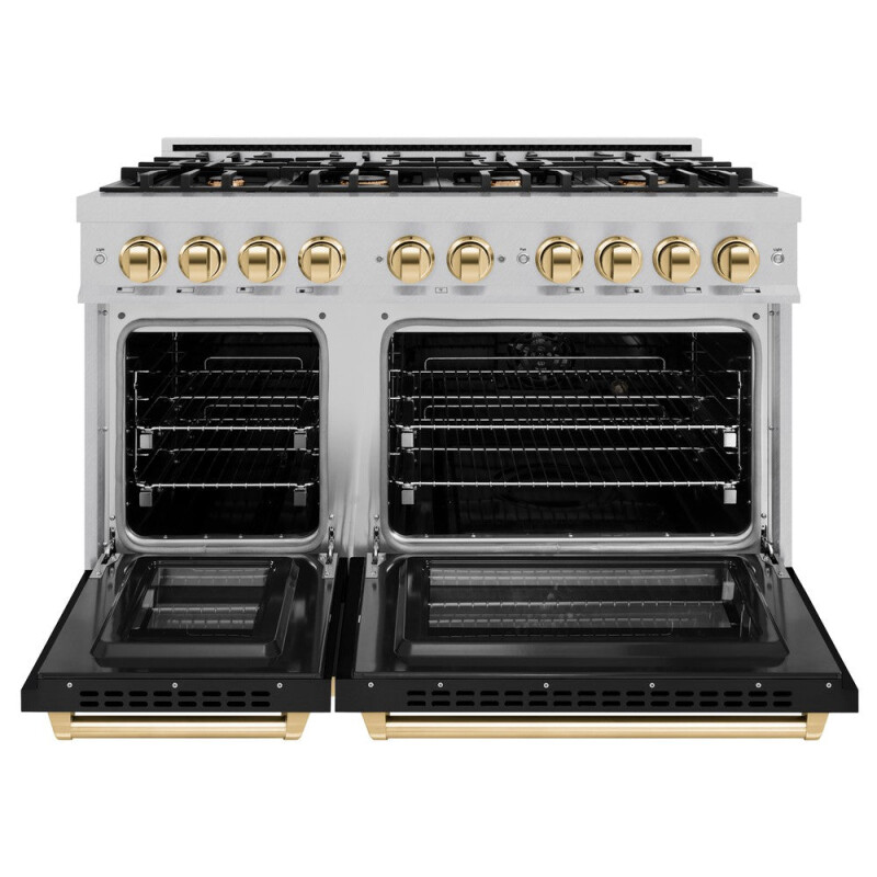 ZLINE Autograph Edition 48 in. 6.7 cu. ft. Select Double Oven Dual Fuel Range with 8 Burner Gas Cooktop in DuraSnow® Stainless Steel with Black Matte Doors and Polished Gold Accents (HDRSZ-BL HDRSZBLM48G, product image 5 of 13