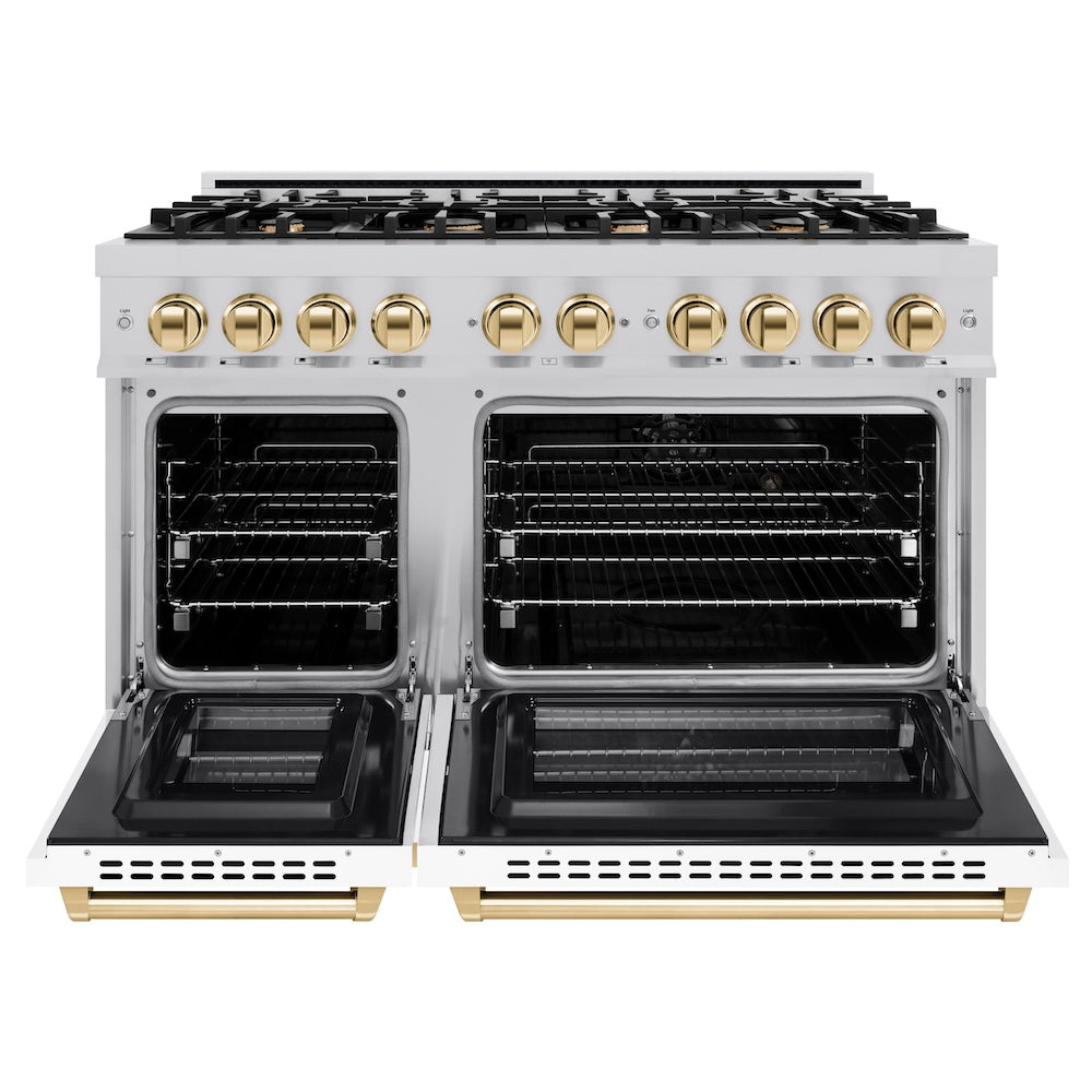 ZLINE Autograph Edition 48 in. 6.7 cu. ft. Select Double Oven Dual Fuel Range with 8 Burner Gas Cooktop in DuraSnow® Stainless Steel with White Matte Doors and Polished Gold Accents (HDRSZ-WM HDRSZWM48G, product image 3 of 13