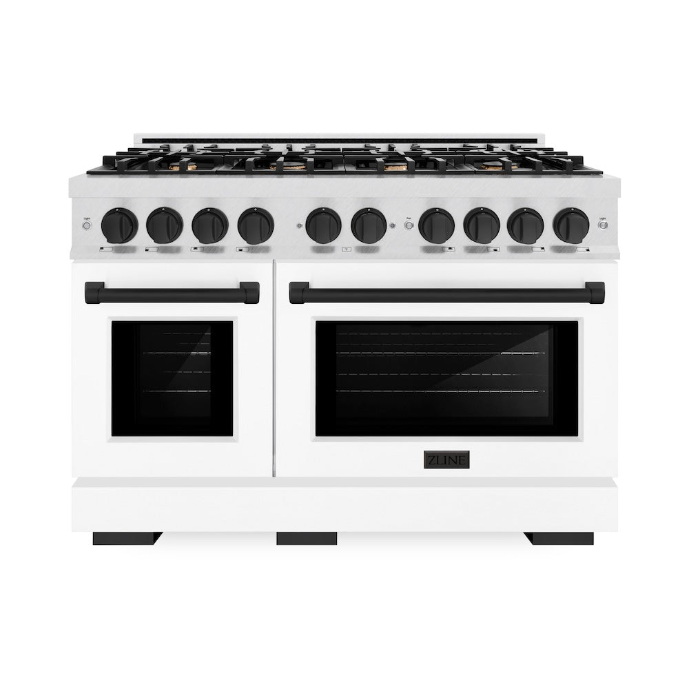 ZLINE Autograph Edition 48 in. 6.7 cu. ft. Select Double Oven Dual Fuel Range with 8 Burner Gas Cooktop in DuraSnow® Stainless Steel with White Matte Doors and Matte Black Accents (HDRSZ-WM-4 HDRSZWM48MB, product image 2 of 13