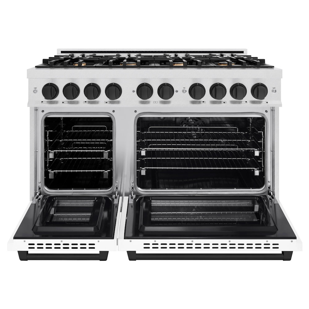 ZLINE Autograph Edition 48 in. 6.7 cu. ft. Select Double Oven Dual Fuel Range with 8 Burner Gas Cooktop in DuraSnow® Stainless Steel with White Matte Doors and Matte Black Accents (HDRSZ-WM-4 HDRSZWM48MB, product image 3 of 13