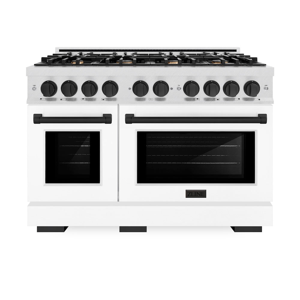 ZLINE Autograph Edition 48 in. 6.7 cu. ft. Select Double Oven Dual Fuel Range with 8 Burner Gas Cooktop in DuraSnow® Stainless Steel with White Matte Doors and Matte Black Accents (HDRSZ-WM-4 HDRSZWM48MB, product image 4 of 13