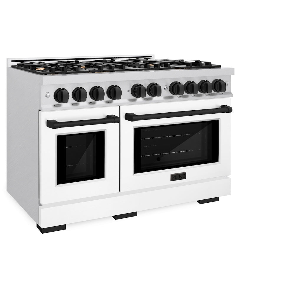 ZLINE Autograph Edition 48 in. 6.7 cu. ft. Select Double Oven Dual Fuel Range with 8 Burner Gas Cooktop in DuraSnow® Stainless Steel with White Matte Doors and Matte Black Accents (HDRSZ-WM-4 HDRSZWM48MB, product image 5 of 13
