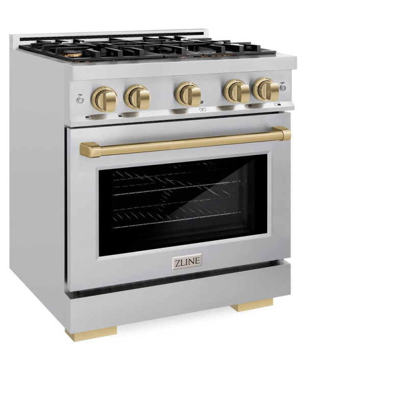 ZLINE Autograph Edition 30 in. 4.2 cu. ft. Select Dual Fuel Range with 4 Burner Gas Cooktop and Electric Convection Oven in Stainless Steel with Champagne Bronze Accents (HDRZ-30-CB) HDRZ30CB