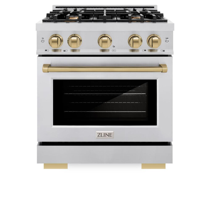 ZLINE Autograph Edition 30 in. 4.2 cu. ft. Select Dual Fuel Range with 4 Burner Gas Cooktop and Electric Convection Oven in Stainless Steel with Champagne Bronze Accents (HDRZ-30-CB) HDRZ30CB