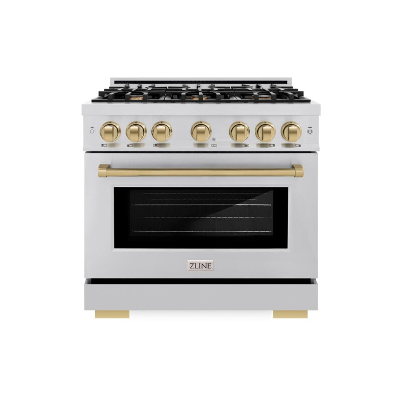 ZLINE Autograph Edition 36 in. 5.2 cu. ft. Select Dual Fuel Range with 6 Burner Gas Cooktop and Electric Convection Oven in Stainless Steel with Champagne Bronze Accents (HDRZ-36-CB) HDRZ36CB