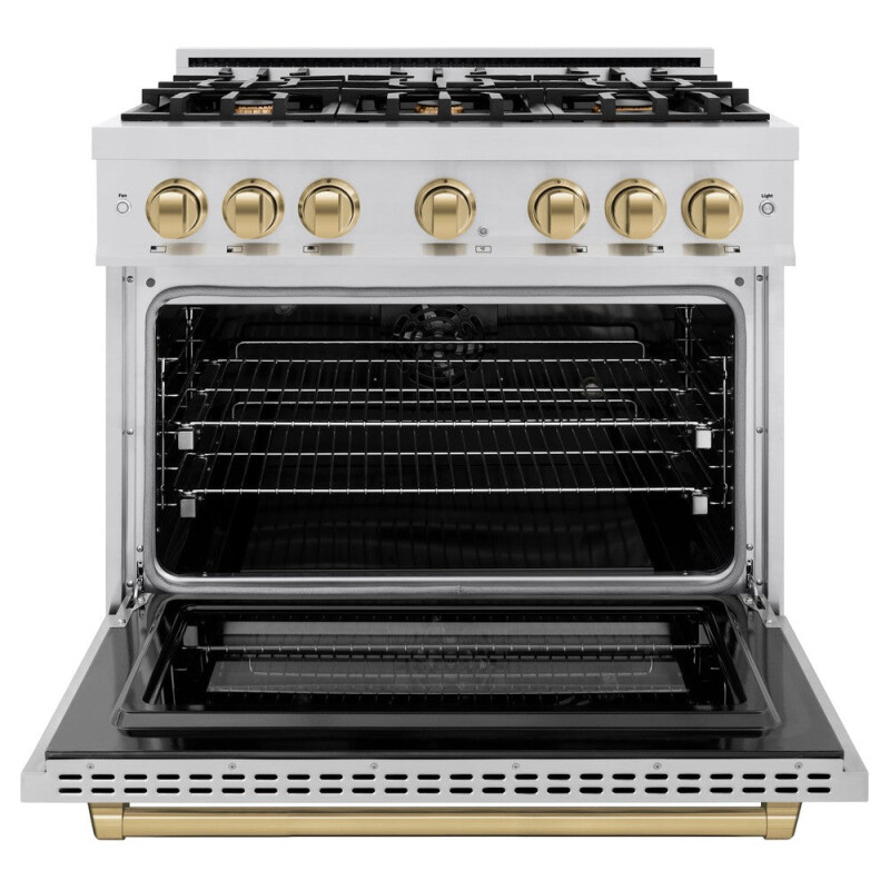 ZLINE Autograph Edition 36 in. 5.2 cu. ft. Select Dual Fuel Range with 6 Burner Gas Cooktop and Electric Convection Oven in Stainless Steel with Champagne Bronze Accents (HDRZ-36-CB) HDRZ36CB