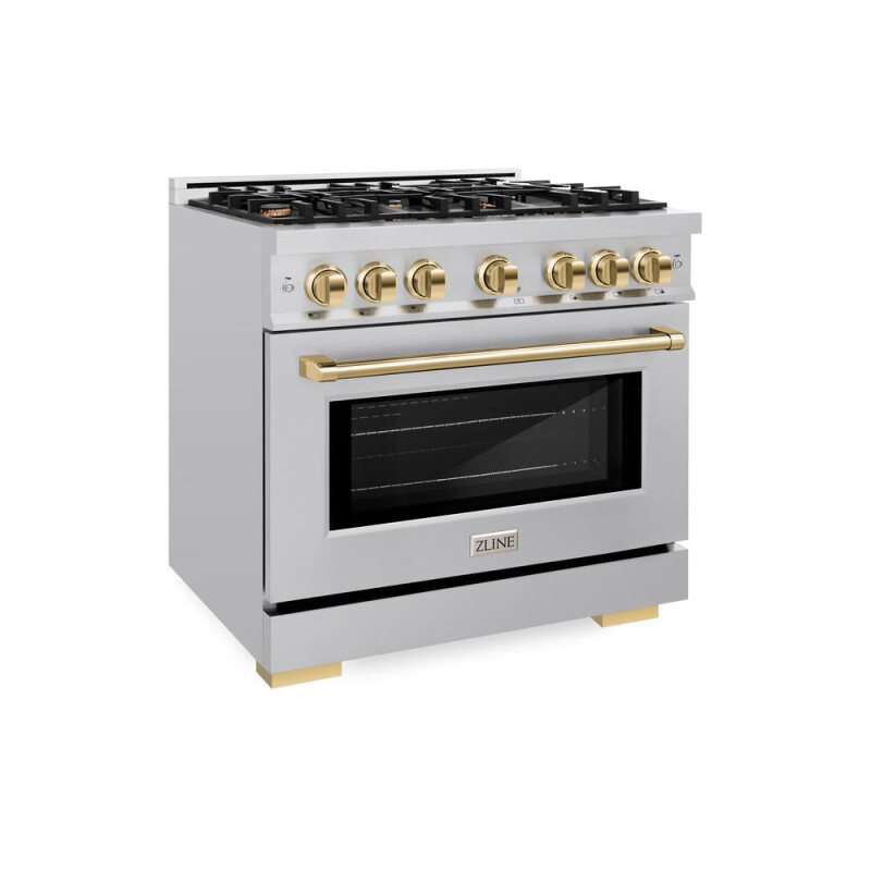 ZLINE Autograph Edition 36 in. 5.2 cu. ft. Select Dual Fuel Range with 6 Burner Gas Cooktop and Electric Convection Oven in Stainless Steel with Polished Gold Accents (HDRZ-36-G) HDRZ36G