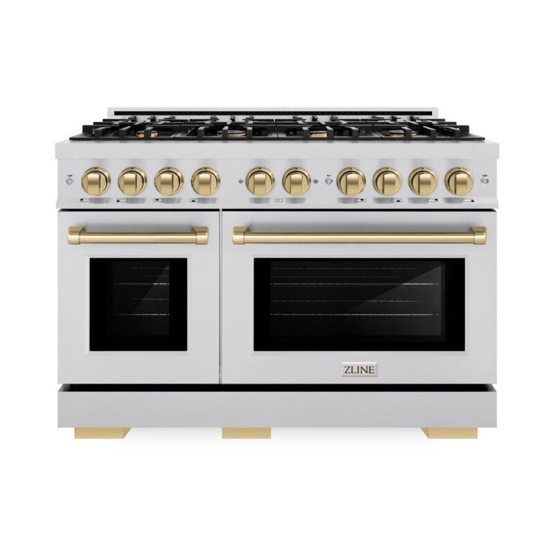 ZLINE Autograph Edition 48 in. 6.7 cu. ft. Select Double Oven Dual Fuel Range with 8 Burner Gas Cooktop in Stainless Steel and Champagne Bronze Accents (HDRZ-48-CB) HDRZ48CB