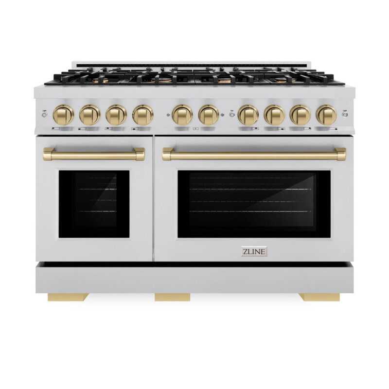ZLINE Autograph Edition 48 in. 6.7 cu. ft. Select Double Oven Dual Fuel Range with 8 Burner Gas Cooktop in Stainless Steel and Champagne Bronze Accents (HDRZ-48-CB) HDRZ48CB