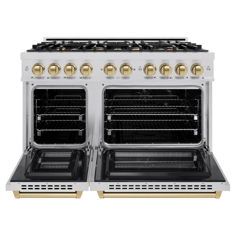 ZLINE Autograph Edition 48 in. 6.7 cu. ft. Select Double Oven Dual Fuel Range with 8 Burner Gas Cooktop in Stainless Steel and Champagne Bronze Accents (HDRZ-48-CB) HDRZ48CB