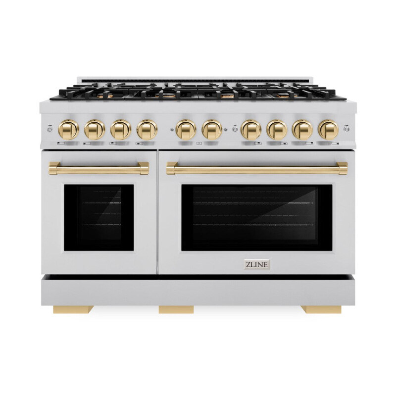 ZLINE Autograph Edition 48 in. 6.7 cu. ft. Select Double Oven Dual Fuel Range with 8 Burner Gas Cooktop in Stainless Steel and Polished Gold Accents (HDRZ-48-G) HDRZ48G