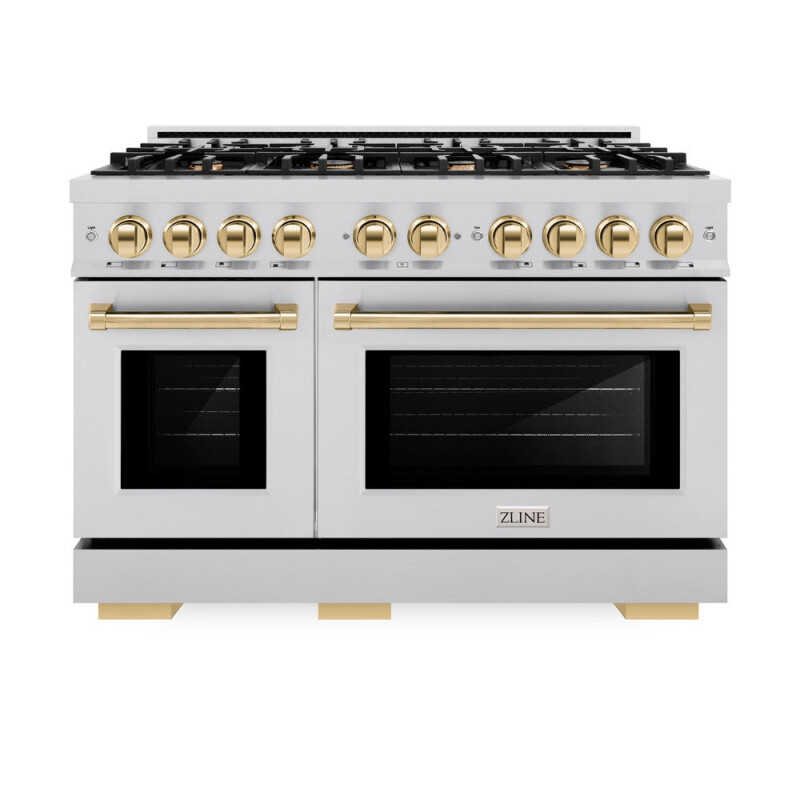 ZLINE Autograph Edition 48 in. 6.7 cu. ft. Select Double Oven Dual Fuel Range with 8 Burner Gas Cooktop in Stainless Steel and Polished Gold Accents (HDRZ-48-G) HDRZ48G