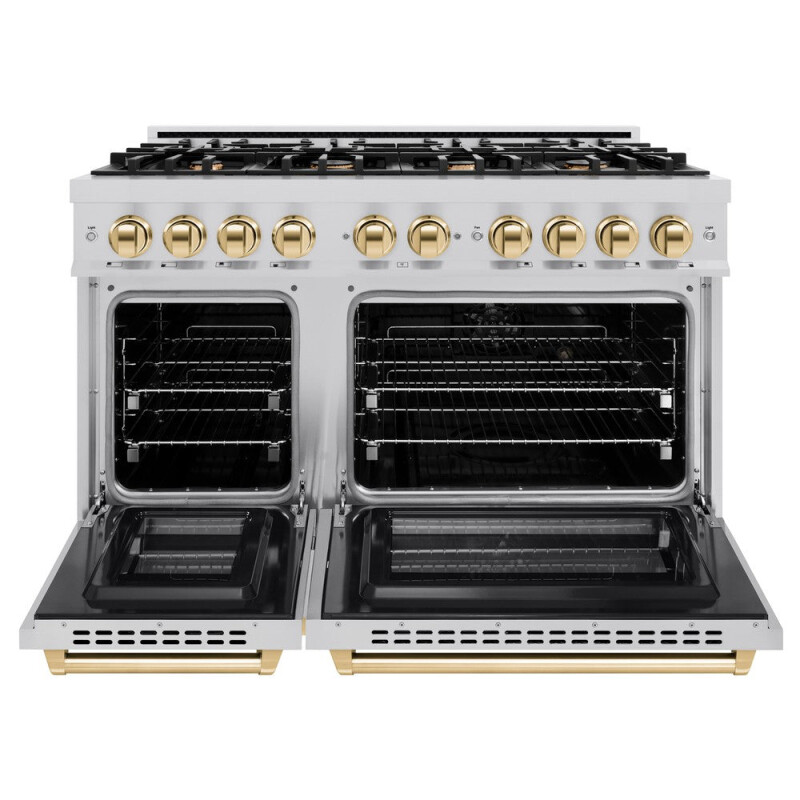 ZLINE Autograph Edition 48 in. 6.7 cu. ft. Select Double Oven Dual Fuel Range with 8 Burner Gas Cooktop in Stainless Steel and Polished Gold Accents (HDRZ-48-G) HDRZ48G