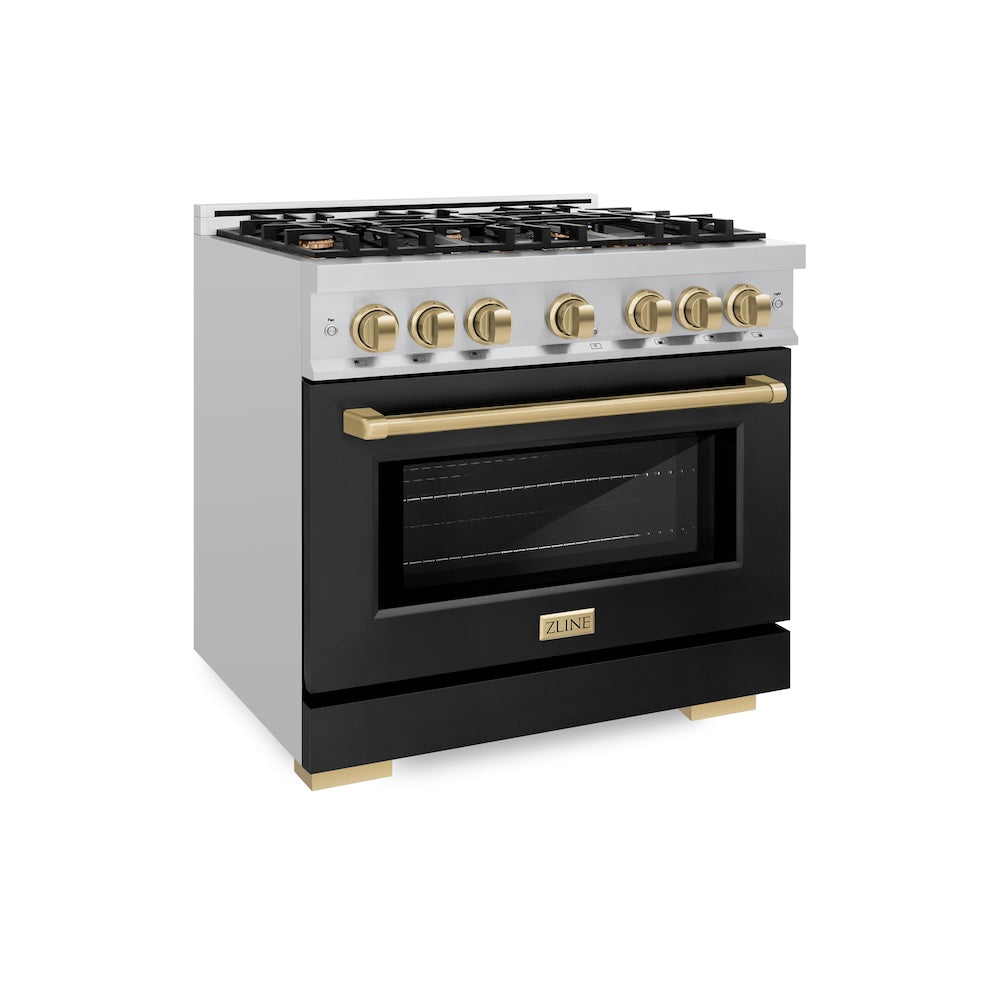 ZLINE Autograph Edition 36 in. 5.2 cu. ft. Select Dual Fuel Range with 6 Burner Gas Cooktop and Electric Convection Oven in Stainless Steel with Black Matte Door and Champagne Bronze Accents 