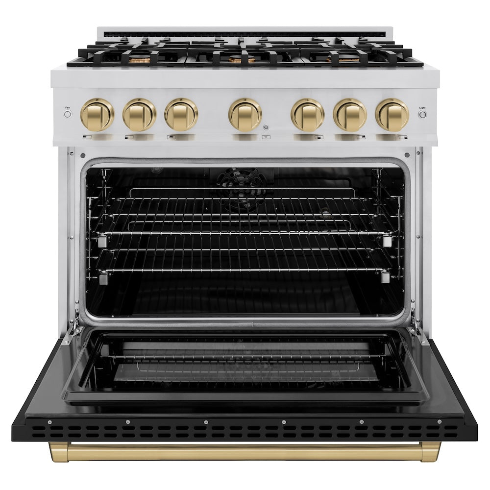 ZLINE Autograph Edition 36 in. 5.2 cu. ft. Select Dual Fuel Range with 6 Burner Gas Cooktop and Electric Convection Oven in Stainless Steel with Black Matte Door and Champagne Bronze Accents  HDRZBLM36CB, product image 4 of 12