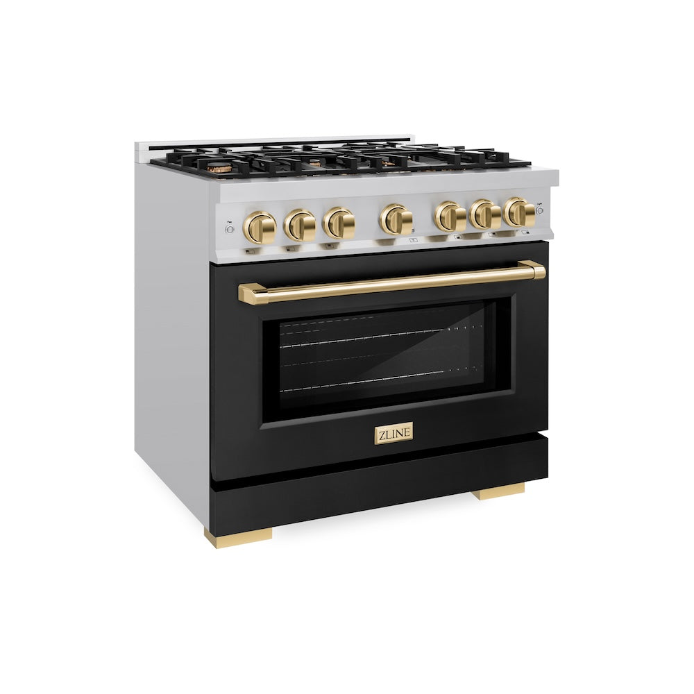 ZLINE Autograph Edition 36 in. 5.2 cu. ft. Select Dual Fuel Range with 6 Burner Gas Cooktop and Electric Convection Oven in Stainless Steel with Black Matte Door and Polished Gold Accents (HD