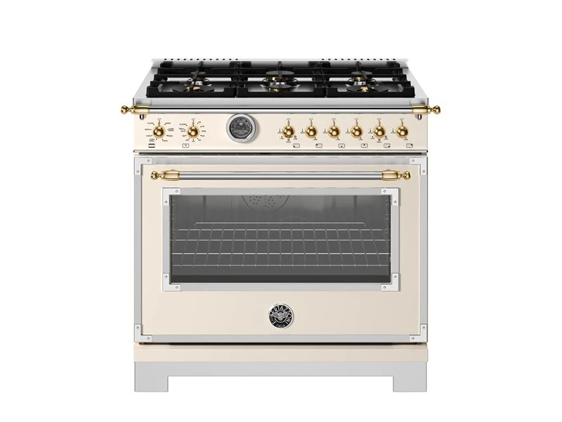36 inch Dual Fuel Range, 6 Brass Burner and Cast Iron Griddle, Electric Self-Clean Oven - Gold Accents HER366BCFEPAG