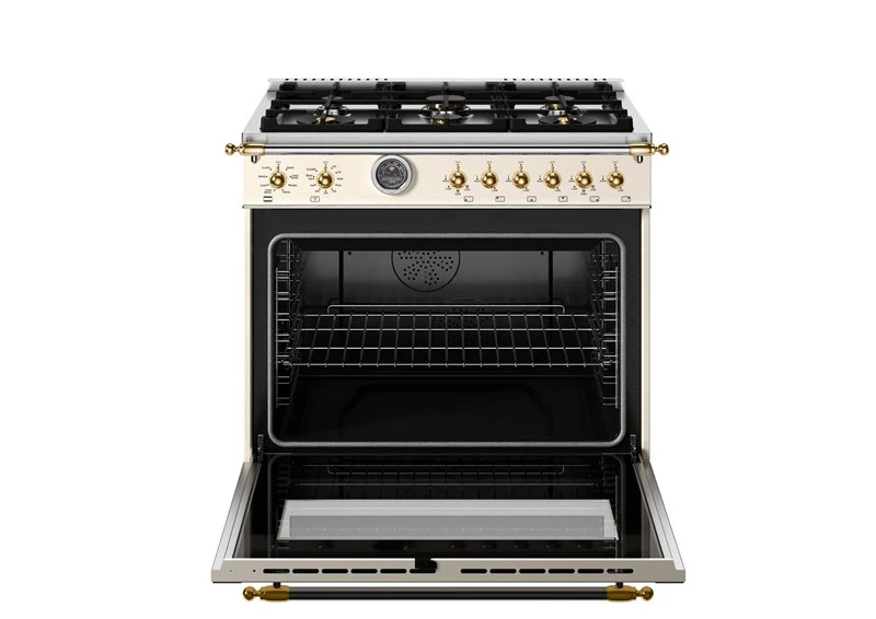 36 inch Dual Fuel Range, 6 Brass Burner and Cast Iron Griddle, Electric Self-Clean Oven - Gold Accents HER366BCFEPAG