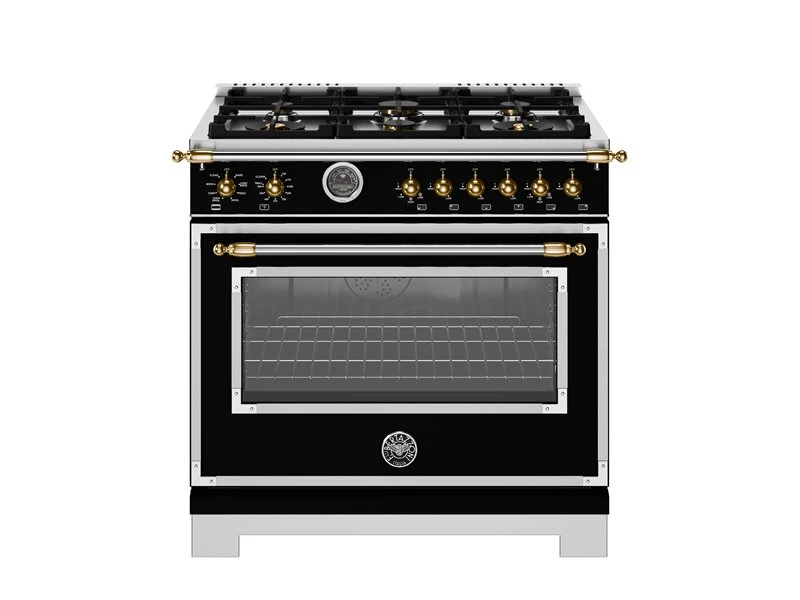 36 inch Dual Fuel Range, 6 Brass Burner and Cast Iron Griddle, Electric Self-Clean Oven - Gold Accents HER366BCFEPNG