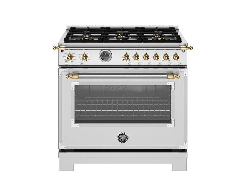 36 inch Dual Fuel Range, 6 Brass Burner and Cast Iron Griddle, Electric Self-Clean Oven - Gold Accents HER366BCFEPXG