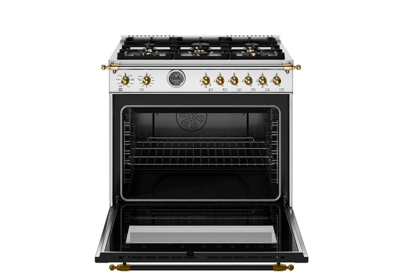 36 inch Dual Fuel Range, 6 Brass Burner and Cast Iron Griddle, Electric Self-Clean Oven - Gold Accents HER366BCFEPXG