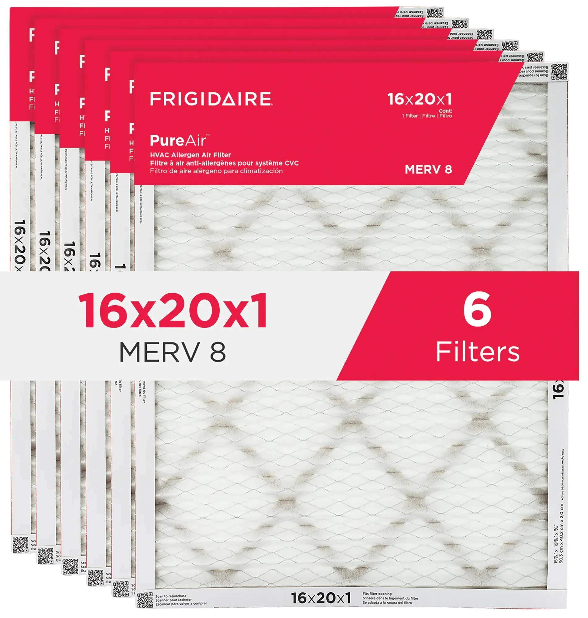 PureAir® 16" x 20" x 1" MERV 8 Allergen Air Filter - 6 Pack HVAC162086